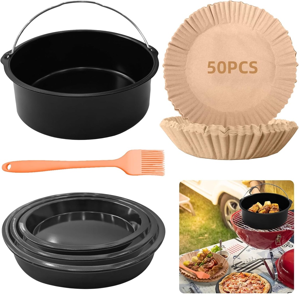 Cake Barrel + 6/7/8 Pizza Pans Set with 50 Air Fryer Baking Papers & Silicone Brush - Nonstick Baking Accessories Kit for Family Cooking, Party Baking, Healthy Snacks