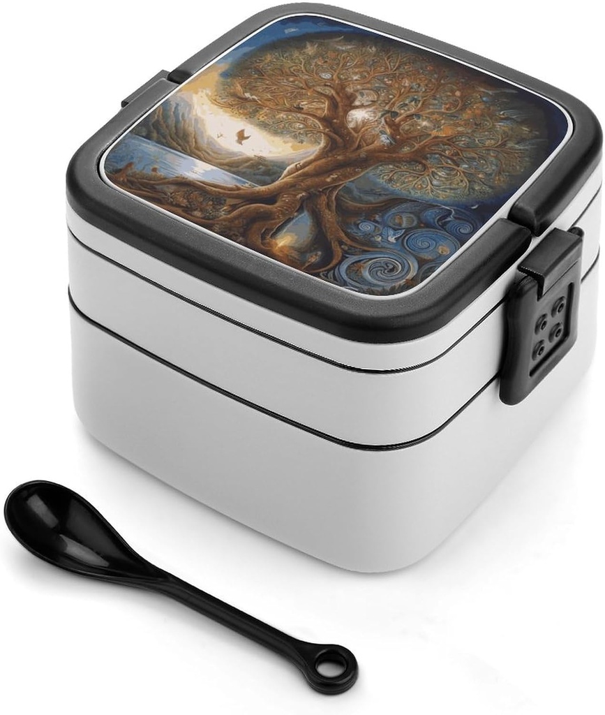 Tree of Life Bento Box for Adults Double Layer Lunch Box with Spoon And Invisible Handle Microwave Dishwasher Safe Leak Proof Meal Prep Lunch Containers for Office Picnic