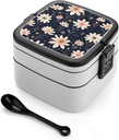 Folk Art Flowers Bento Box with Compartments Double Layer Bento Lunch Box with Spoon And Handle All-in-One Adult Lunchbox Leakproof Lunch Container for Work Picnic Travel