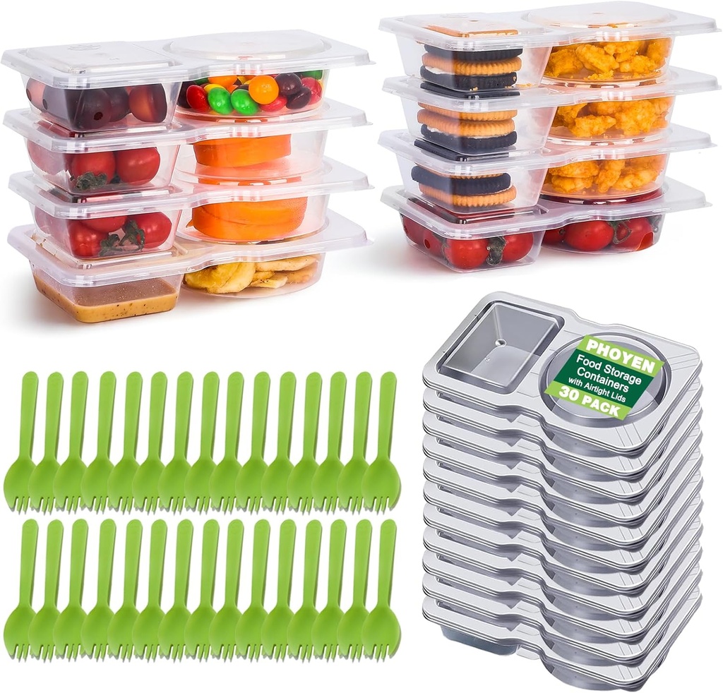 30 Sets Reusable Snack Containers with Lids, Double Compartment Snack Pack Containers with Spoons, BPA Free | Microwave & Dishwasher Safe | Leakproof Condiment Containers for School Office Travel