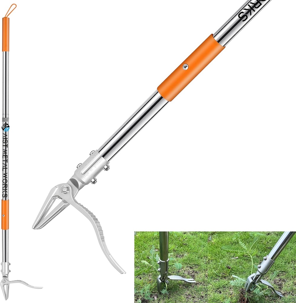 YYMIYU 52" Stand Up Weed Puller Tool – 4-Claw Stainless Steel Weeder with Grass-Pushing & Weed-Ejection Design – Heavy-Duty 0.8mm Steel Handle for Effortless Root Removal