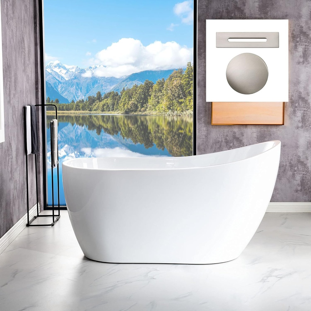 WOODBRIDGE 54"Freestanding White Acylic Soaking Bathtub with Brushed Nickel Drain and Overflow,B0006 -B-Drain &O