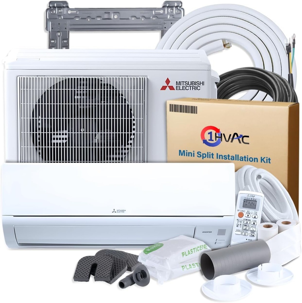 Mitsubishi 9000 BTU 20 SEER2 HM-Series Mini Split Heat Pump System with 15ft Line Set & Installation Kit - R410A Single Zone | Wall Mounted Ductless AC/Heating Unit