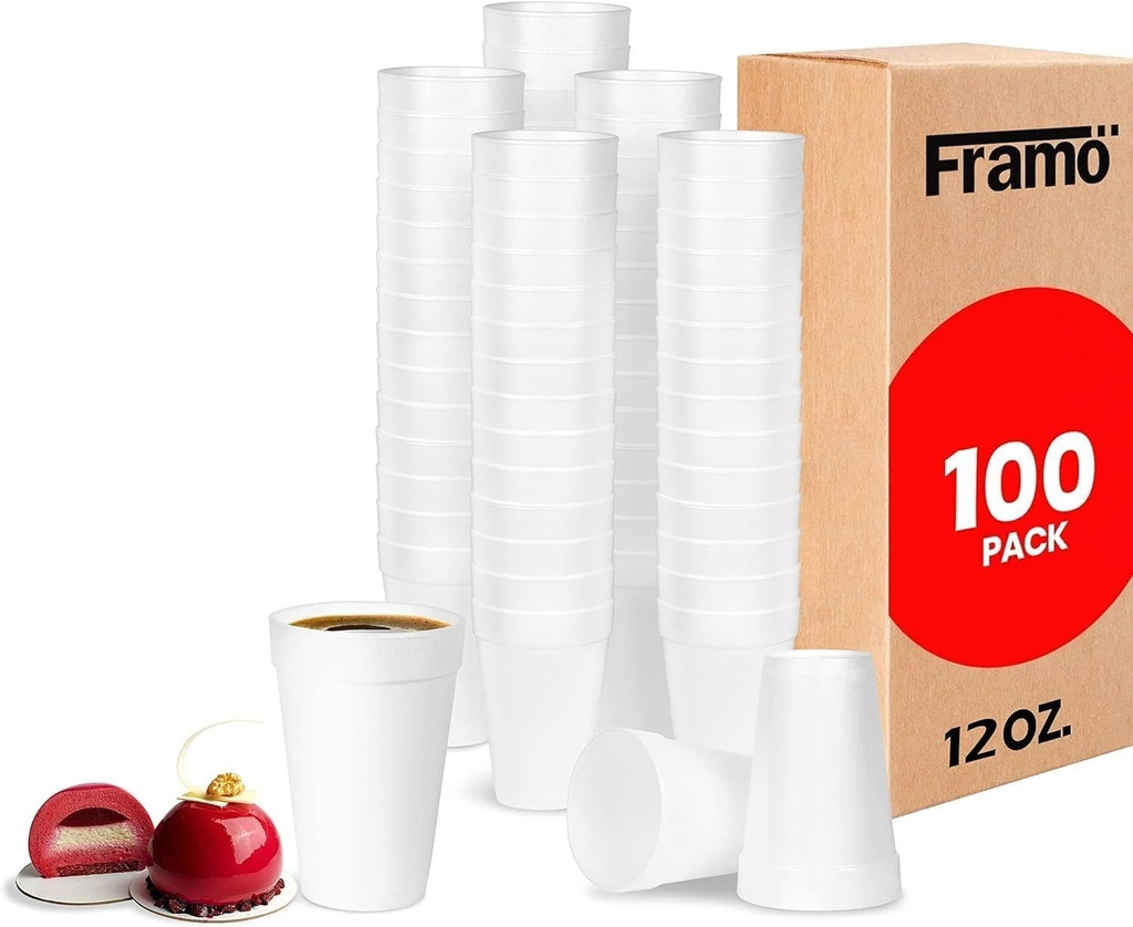 12 Oz Foam Cups (100 Pack) Lightweight Insulated Foam Cups for Coffee, Cold Drinks & Other Hot Beverages - Disposable Drinking Cups for Parties, Picnic, BBQ, Travel, & Events (100 Pack)