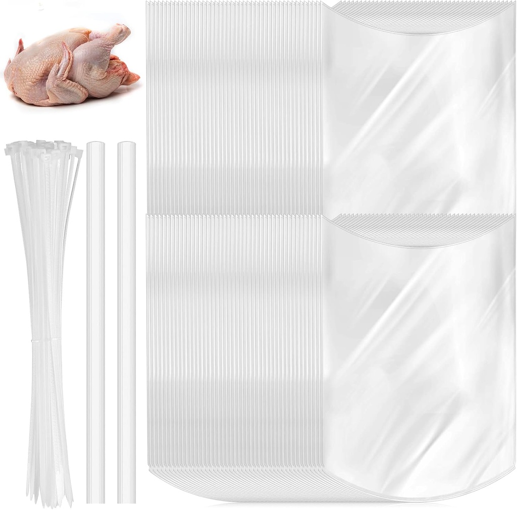 Teling 60 Pack Poultry Shrink Bags 14 x 18 Inch Clear Poultry Heat Shrink Wrap Large Chickens Duck Turkey Bags Freezer Safe with 2 Silicone Straw and 60 White Zip Ties for Food Meat Storage