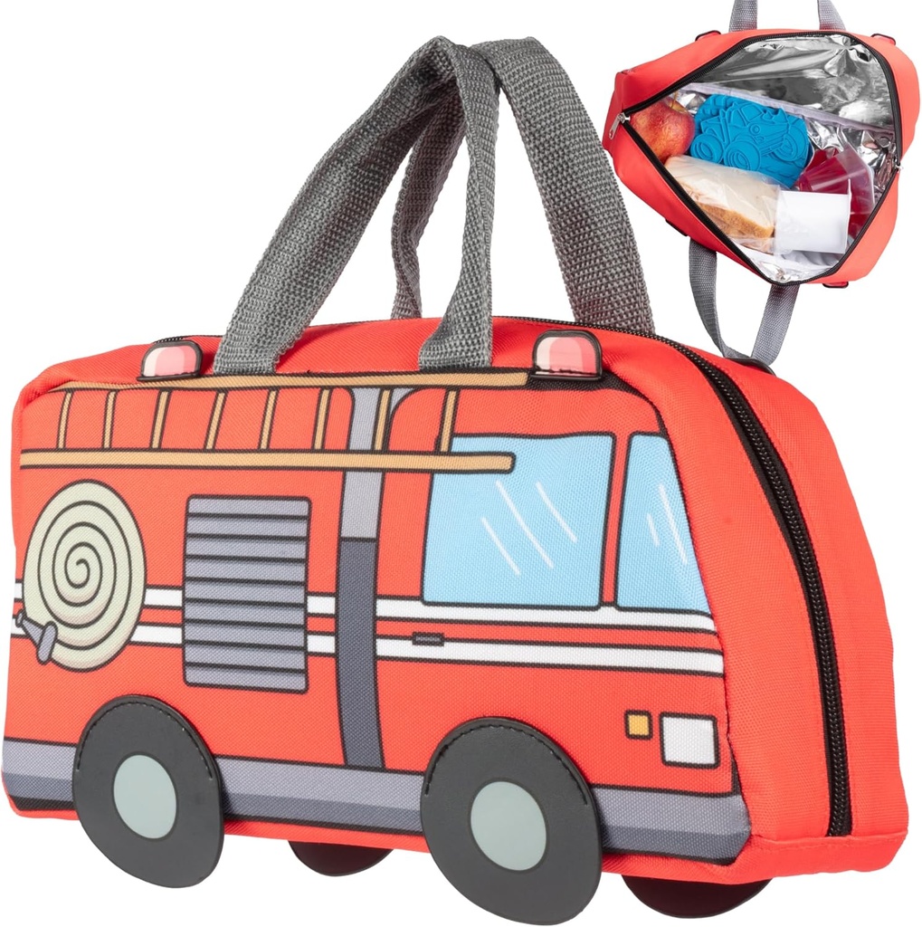 Kid's Insulated Fire Truck-Shaped Lunch Box w Strap- Keeps Food Hot or Cold For Hours- Reusable Bag Fits Ice Packs, Bento Containers, Thermoses Easily- Make Back to School Lunches Fun for Boys & Girls