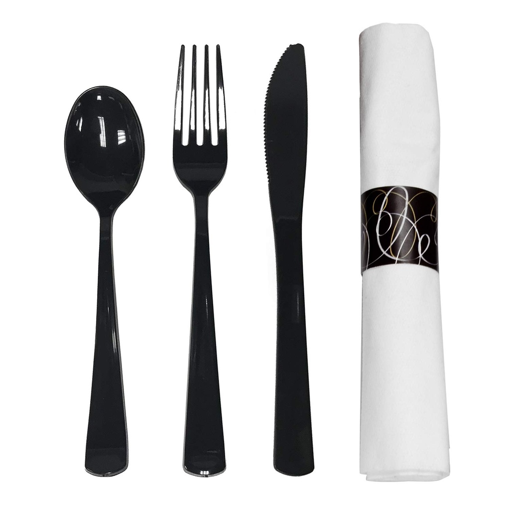 Party Essentials Pre-Rolled Disposable Extra Heavy Duty Plastic Cutlery Kit with Black Fork/Knife/Spoon and 3-Ply White Napkin (Case of 100 rolls)