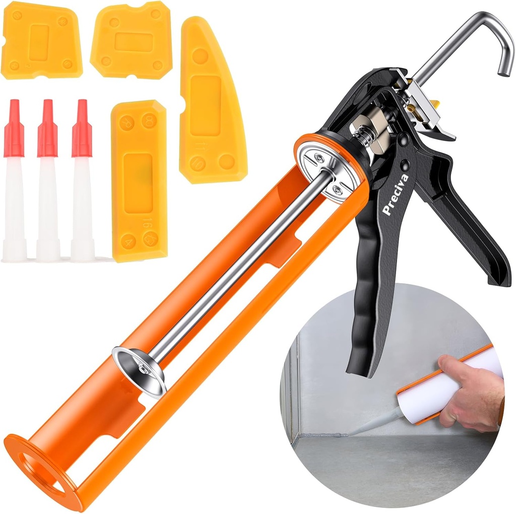 Preciva Drip-Free Caulking Gun, 9 Inch Heavy Duty Sealant Gun for Mastic Silicone Caulking Cartridges 10:1 Thrust Ratio