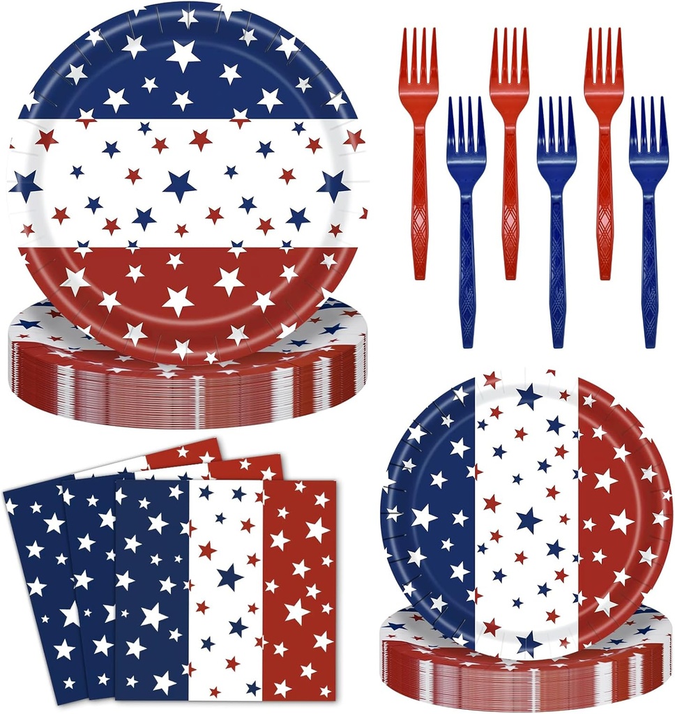 96 Pieces Patriotic Plates and Napkins 4th of July Tableware Set, Red White Blue Stripes with Stars Disposable Paper Plates, Napkins, Forks for Independence Day Memorial Day Party Supplies- Serves 24