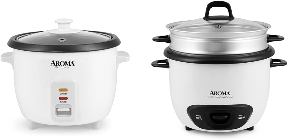 Aroma Housewares Aroma 6-cup (cooked) 1.5 Qt. One Touch Rice Cooker, White & 14-Cup (Cooked) (7-Cup UNCOOKED) Pot Style Rice Cooker and Food Steamer