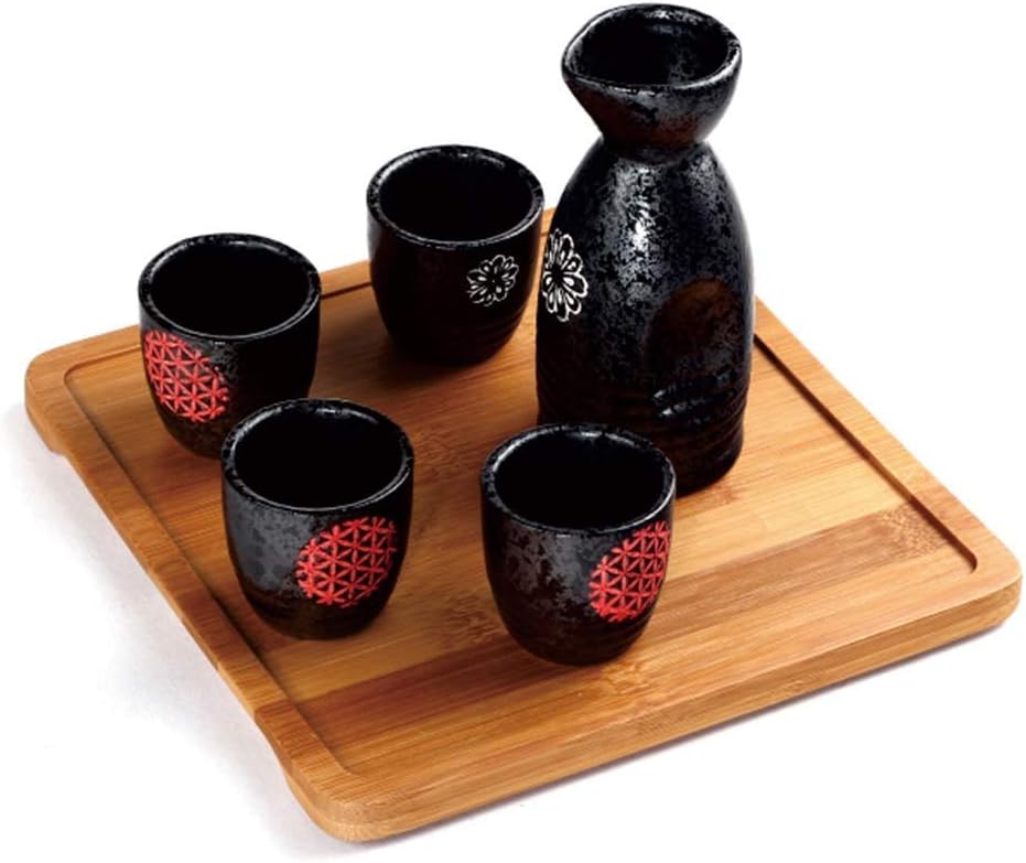 Sake Set of 6 Pieces with Wooden Tray Japanese Style Traditional Retro Porcelain Crafts Black Rib Series