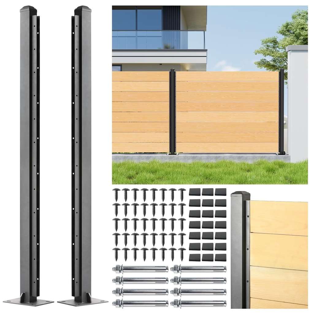 4ft (H/48in) Heavy Duty Fence Post - End Post for Outdoor Patio, Backyard and Garden Privacy Fence (2pack-Matte Black)