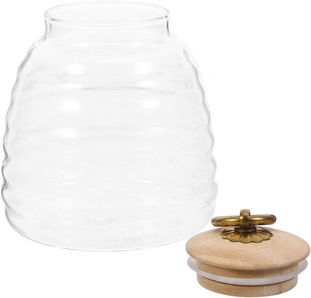 Cabilock Clear Glass Honey Jar with Bamboo Lid Pot Kitchen Countertop Canisters Honey Container Jar Dispenser Holder for Home Kitchen