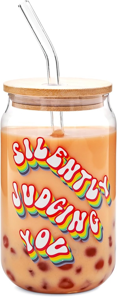 Drinking Glasses Silently Judge You Glass Cup with Bamboo Lids and Glass Straws, 16oz Cool Iced Coffee Glasses, Beer Glass Tumbler for Soda Whiskey Cocktail Juice, Gift Glass Cup Highball Glasses