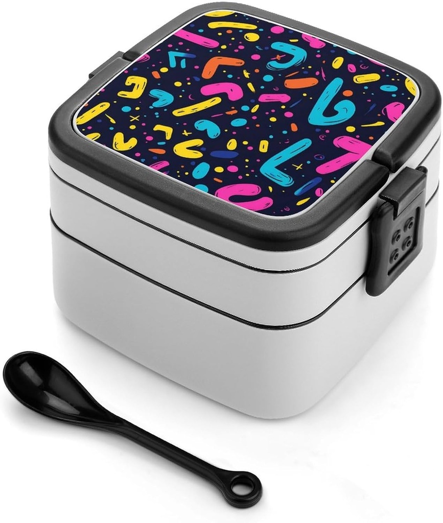90s Colorful Lettering and Dots Lunch Box with Handle Stackable 2 Layer Leak-Proof Bento Box Portable Food Containers for Unisex