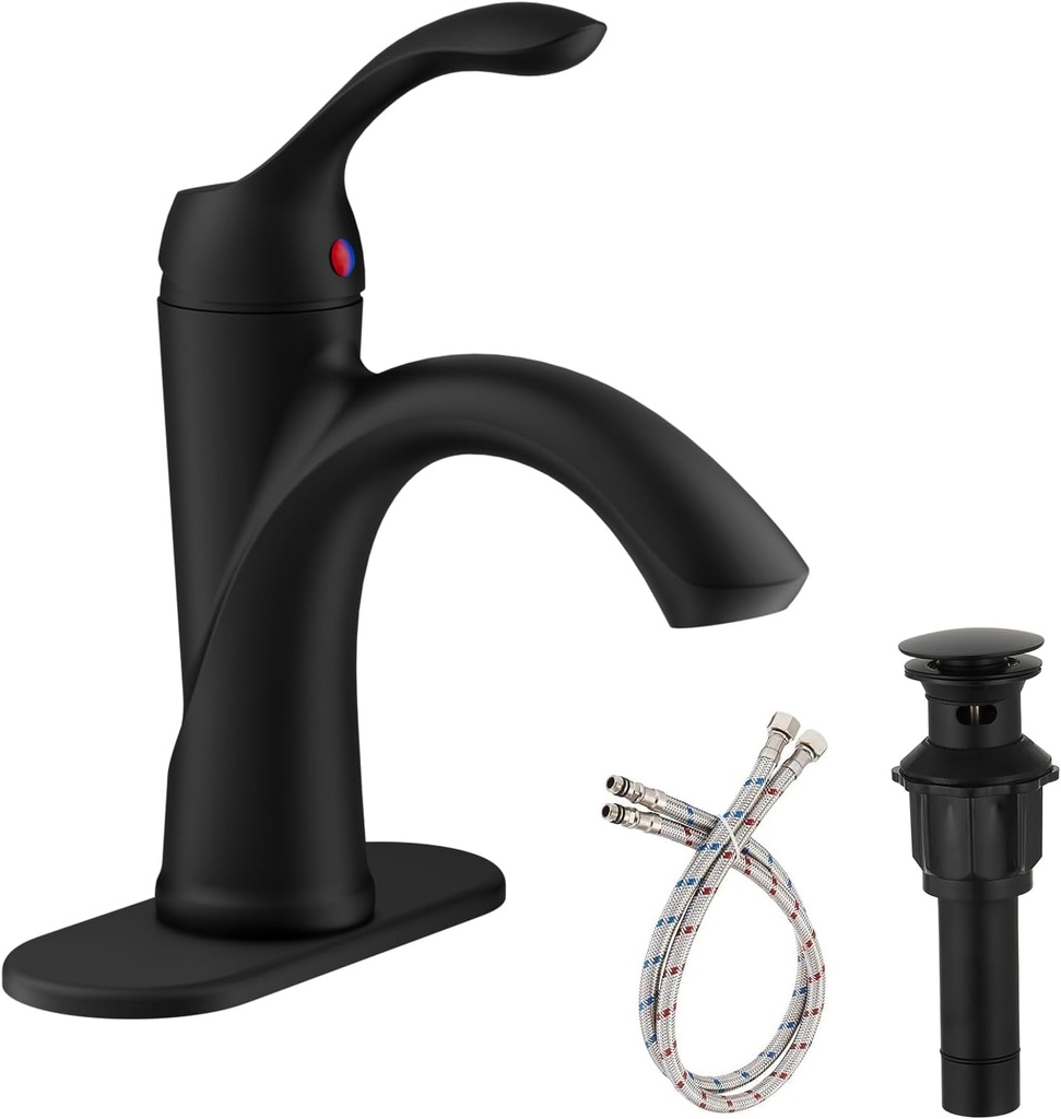 Homevacious Brass Bathroom Faucet 1 Hole Single Handle One Hole Low-Arc Antique Bathroom Sink Faucets with Pop Up Drain with Overflow Farmhouse Lavatory Basin Mixer Tap Supply Hose Matte Black