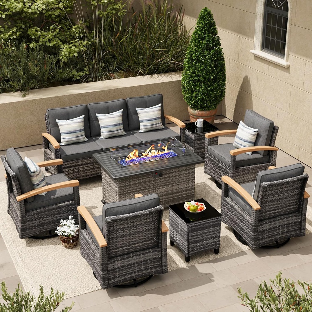 MEISSALIVVE 8 Pieces Patio Furniture Sets with Fire Pit Table, Wicker Outdoor Conversation Sets with 2 Swivel Rocker Chairs, 3-seat Sofa and Side Table(Grey)