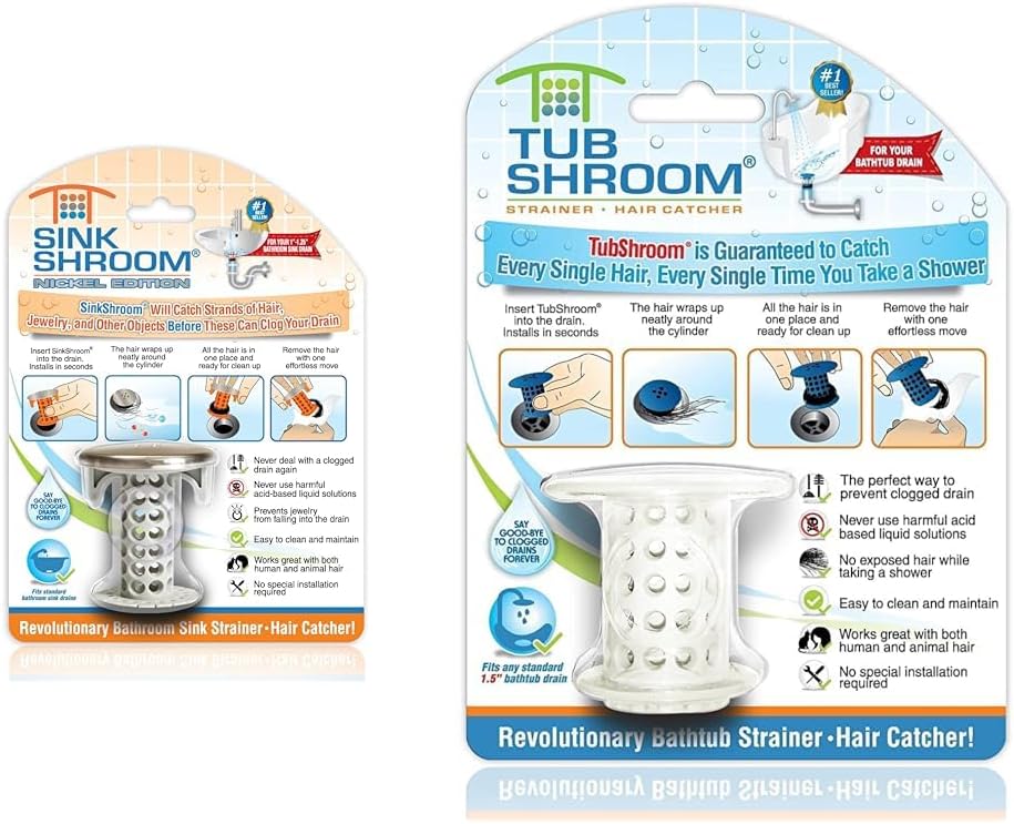 SinkShroom Revolutionary Bathroom Sink Drain Protector Hair Catcher, Strainer, Snare, Nickel Edition & TubShroom The Revolutionary Tub Drain Protector Hair Catcher/Strainer/Snare, White