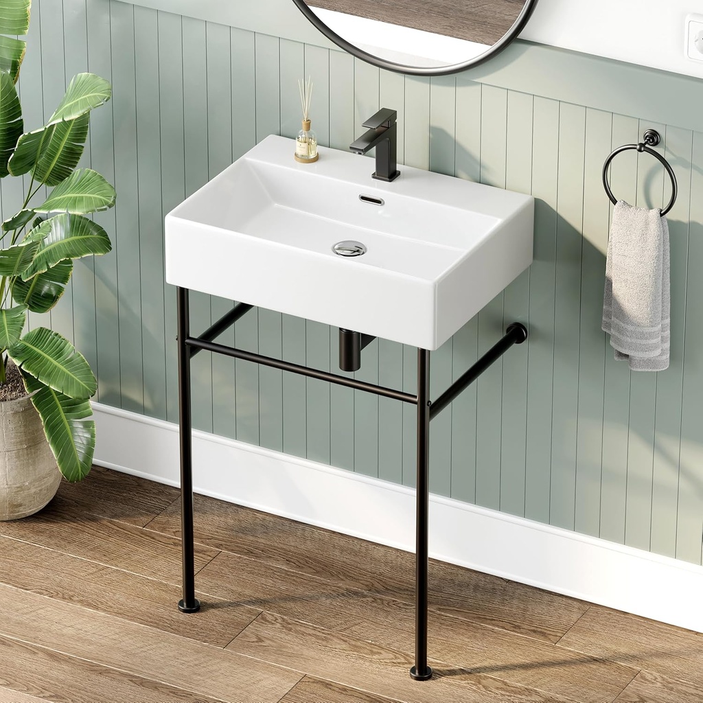 HOROW 24" x 17" Console Bathroom Sink with Stainless Steel Support Pedestal Legs, Free Standing Vanity Basin, Wall-Mount Modern Rectangular Ceramic Sink Porcelain, Matte Black