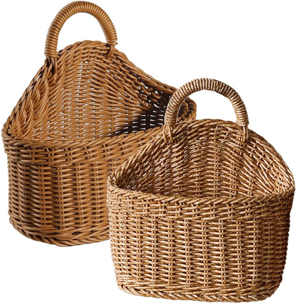 Zerodeko 2Pcs Hanging Storage Basket - Hanging Fruit Basket Wall Basket with Handle, Small Woven Baskets for Kitchen Bathroom, Small Hanging Basket