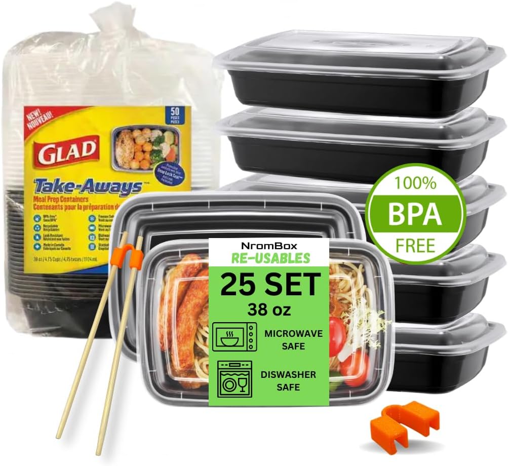 38oz 25pack Rectangular Food Container Pack of 25 | Meal Prep Containers w/t Lids, BPA Free, Stackable, Microwave/Dishwasher/Freezer Safe | Reusable Chopstick Helper Practice, Adult, Trainer