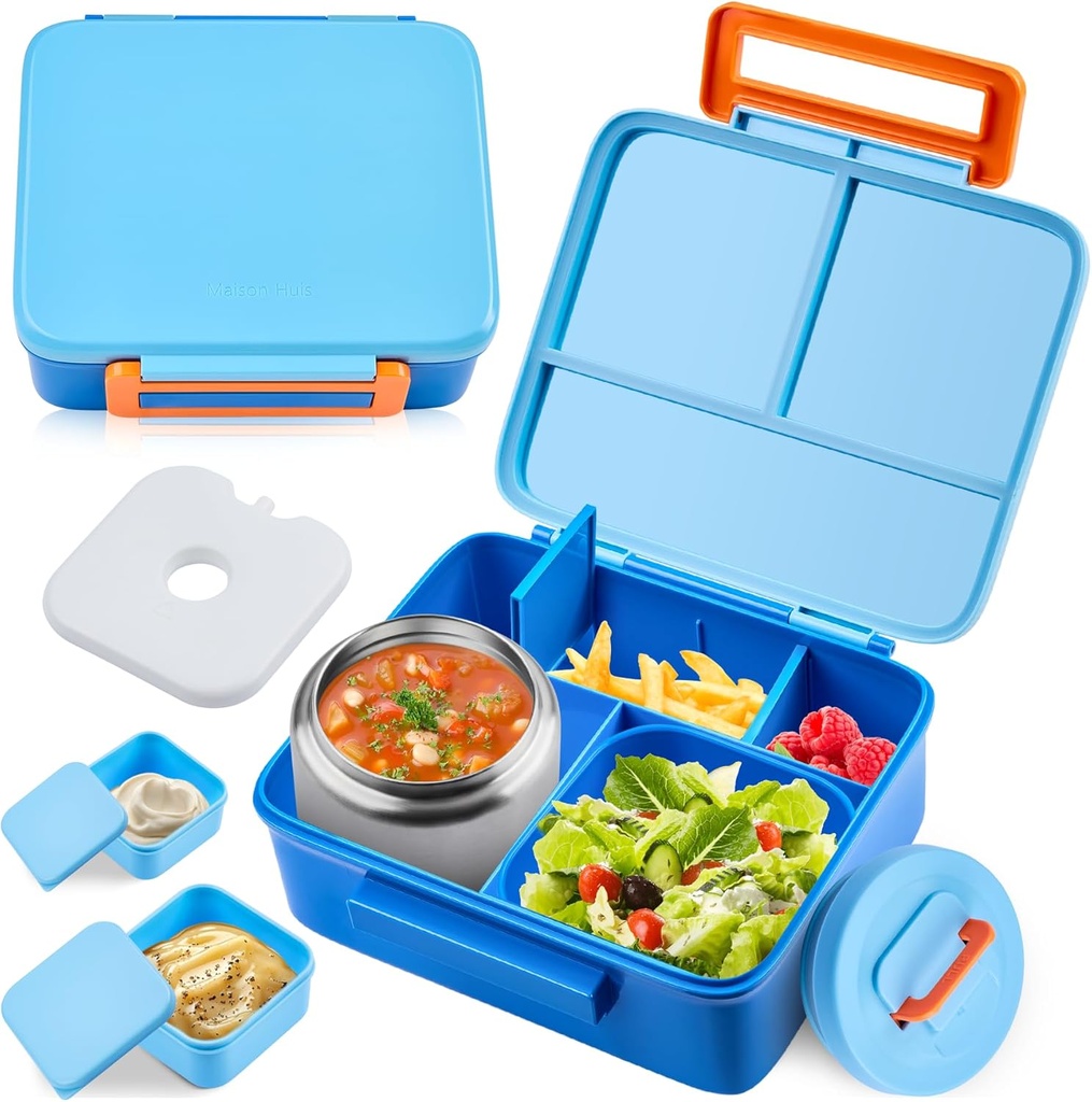 Bento Lunch Box for Kids with 8oz Soup Thermo Leak-Proof Lunch Food Containers with Snack Sauce Container for Kid Toddler Girls Boys to School, Blue