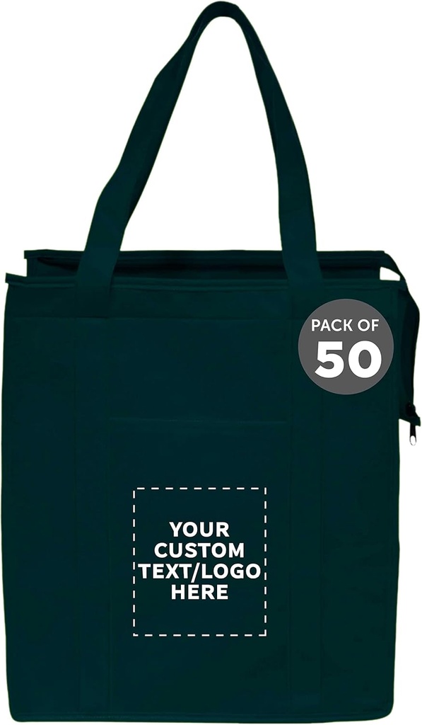 DISCOUNT PROMOS Custom Non-Woven Insulated Tote Bags Set of 50, Personalized Bulk Pack - Reusable, Great for Picnic, Camping, Beach, Outdoor Activities - Forest Green