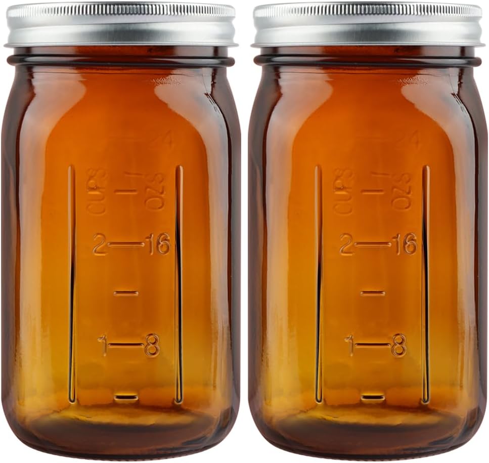 2 Pack Mason Jars 32 oz, Amber Wide Mouth Canning Jars with Airtight Lids, Glass Pint Jars with Bands Labels Brush, Large Storage Quart Jars for Jam Fermenting Preserving
