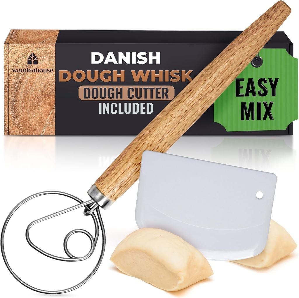 Danish Dough Whisk, Sourdough Bread Whisk 13" with Dough Cutter - Sourdough Mixer Tool for Baking with Stainless Steel Hook, for Bread, Pizza, Pastry, Cake Batter
