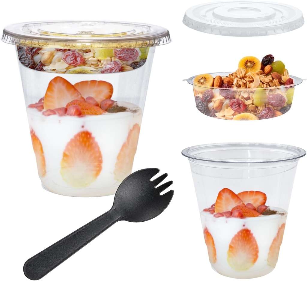 100 Pcs 12 oz Plastic Parfait Cups with Flat Lids and Inserts, 50 Disposable Clear To Go Cereal Yogurt Dessert Cups 50 Sporks, Leakproof Containers for Breakfast Snack Fruit Oatmeal Veggie Dip