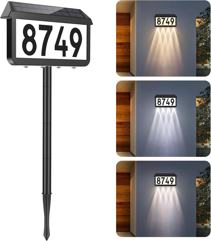 Brightever Solar Address Signs, House Number for Outside Waterproof, 3-Color LED Illuminated Address Plaques with Stake, Wall Mounted Solar Powered Light Up Address Numbers for Houses, 1-Pack