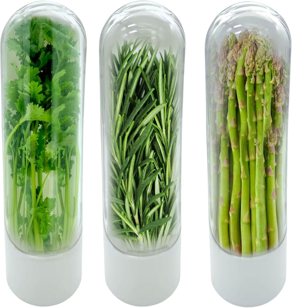 Herb Keeper for Refrigerator Set of 3 – Compact Herb Saver with Built-in Ventilation, and Water Reservoir – Keeps Herbs Fresh Longer in Fridge or Countertop