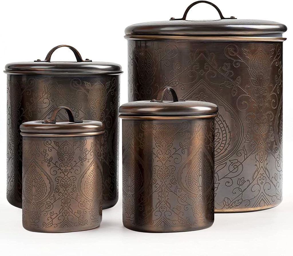 nu steel (Set of 4 Antique Etched Kitchen Organization Canisters Set- Copper & Stainless Steel