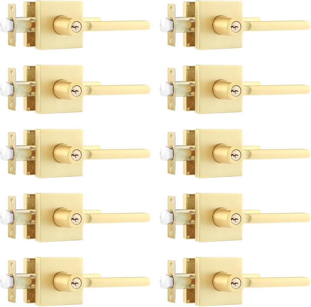 Leydebong 10 Pack Door Handle Heavy Duty, Gold Door Knob Reversible Square Door Lever for Bedroom, Bathroom and Rooms