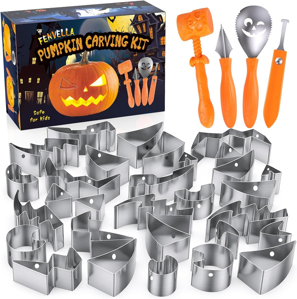 Fenvella Pumpkin Carving Kit 25PCS Pumpkin Carving Tools Safe Easy for Kids Adults, DIY Stainless Steel Halloween Cookie Cutters Metal Stencils Set for Halloween Decoration