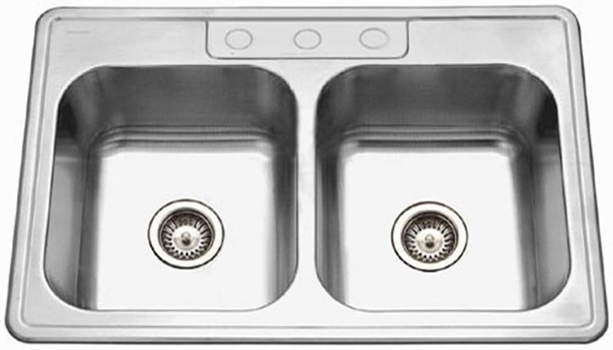 Houzer 3322-9BS3-1 Glowtone Series Topmount Stainless Steel 50/50 Double Bowl Kitchen Sink, 9-Inch Deep