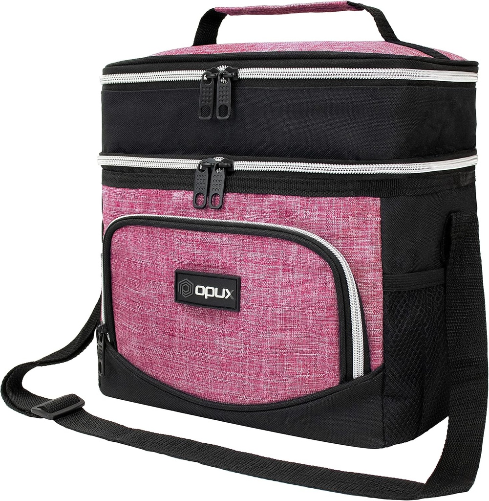 OPUX Insulated Dual Compartment Lunch Box for Women | Leakproof Double Deck Lunch Bag Work Office | Soft Cooler Tote Shoulder Strap Adult | Reusable Thermal Lunch Pail Kit 12 Can, Pink