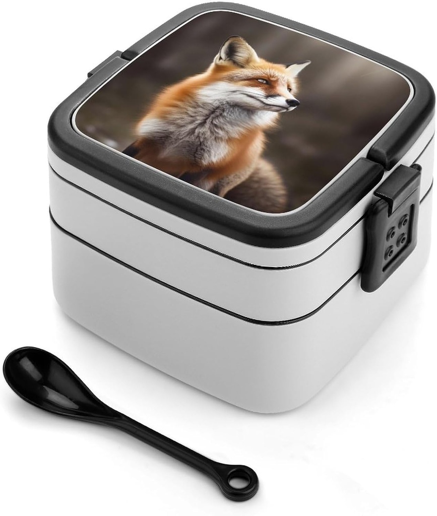 Animal Fox Pattern Bento Box, Reusable Double Layer Lunch Box with Handle & Dividers, 1000ml Leakproof Lunch Container for Office, Picnic, Travel