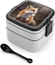 Animal Fox Pattern Bento Box, Reusable Double Layer Lunch Box with Handle & Dividers, 1000ml Leakproof Lunch Container for Office, Picnic, Travel