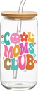 Mothers Day Gifts Glass Cup, Cool Moms Gift Iced Coffee Tumbler, Funny New Mama Gift, Gifts For A Pregnant Mother, Mama, Moms to Be, 16 oz Glass Cup Tumbler With Lid Straw And Brush (Cool Mom)