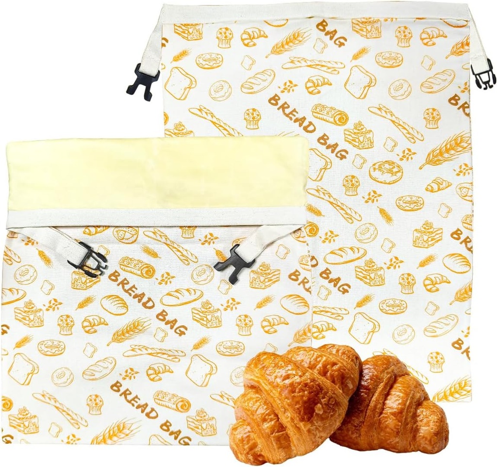 2pcs Reusable Bread Bags for Homemade, Organic Beeswax Cotton Bag with with Lining & Zipper, Sourdough Food Storage Bags, for Freezer-Friendly & Freshness Preservation