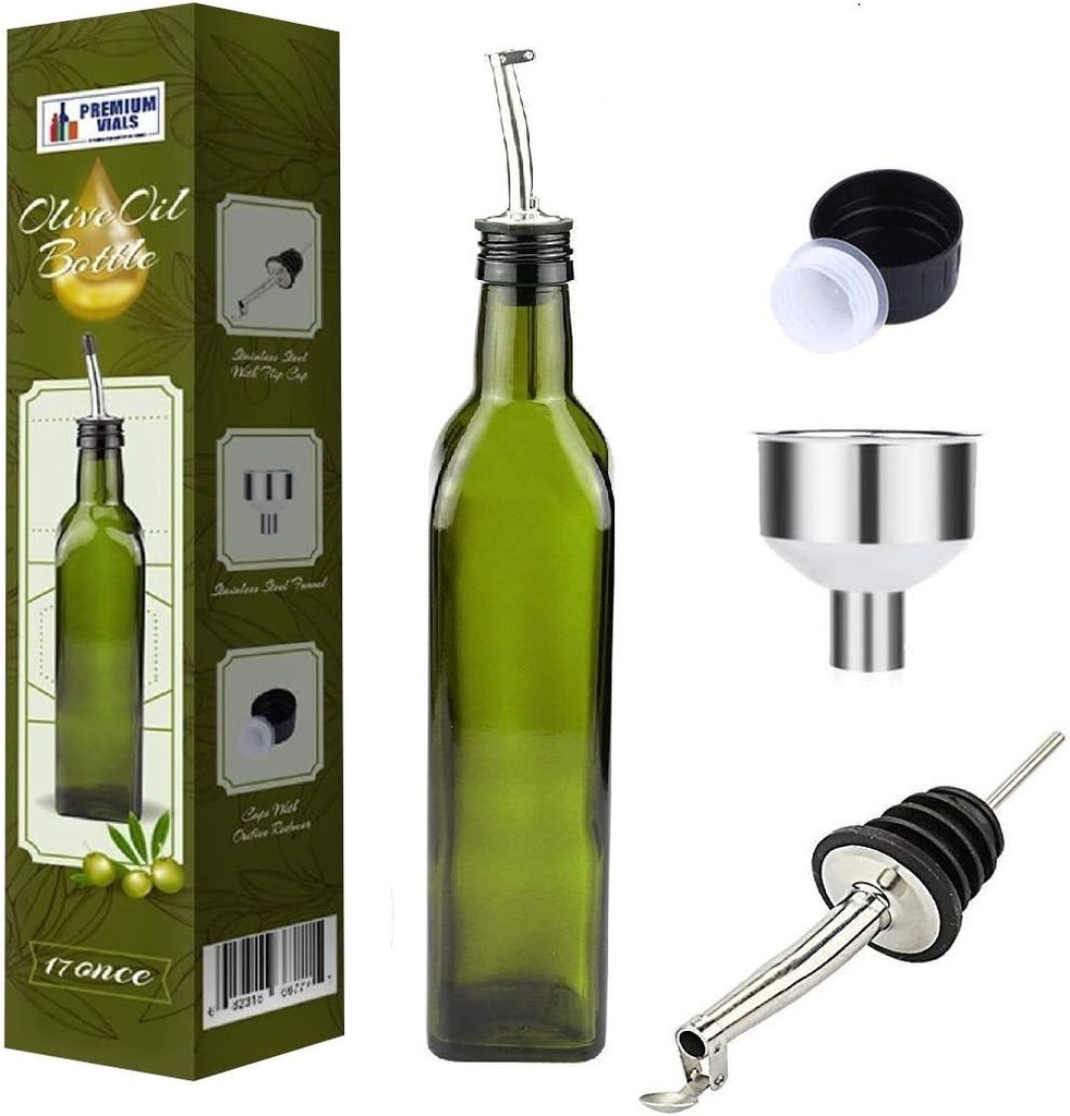 Olive Oil Dispenser Bottle - 17oz Glass Olive Oil Bottles with Easy Pour Spout Set - Oil and Vinegar Cruet Set with Food Grade Funnel Drip-Free Olive Oil Carafe Decanter for Kitchen