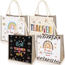 Silkfly 4 Pcs Teacher Appreciation Tote Bag Gifts for Women Rainbow Pattern Teacher Appreciation Gifts Burlap Tote Bag with Handles for Graduation First End Day of School Grocery Shopping