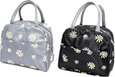 2pcs Chic Daisy Insulated Lunch Bag - Portable Thermal Bento Box Carrier with Durable Oxford Fabric & Zip Closure, Gray/Black
