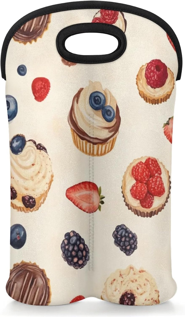 Fruits Cupcakes Wine Carrier Tote Bag 2 Bottles Vintage Desserts Beer Water Bottle Tote with Carry Handle Carrying Protective Holder Bag for Travel Party Picnic