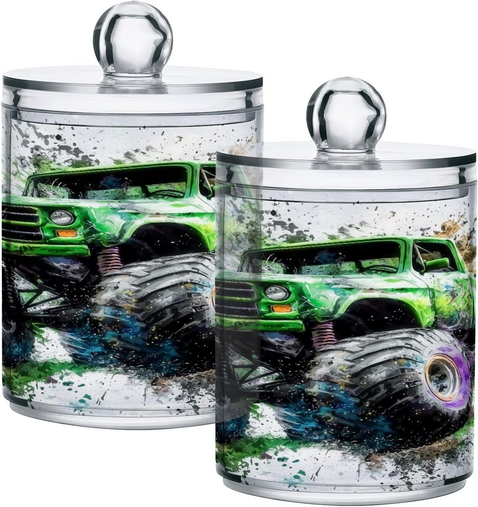 Acrylic Plastic Clear Jar with Lid, Watercolor Green Monster Truck Airtight Storage Jar 2 Pack Kitchen Storage Containers for Cookie Snack Candy