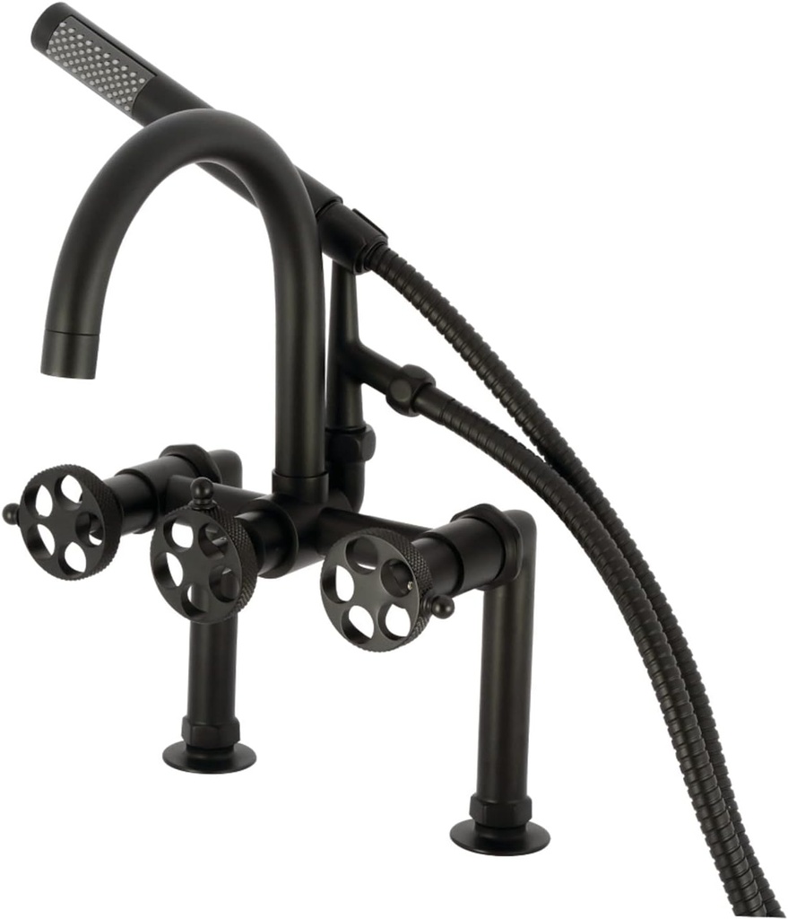 Kingston Brass AE8100RKX Webb Three-Handle 2-Hole Deck Mount Clawfoot Tub Faucet with Knurled Handle and Hand Shower in Matte Black