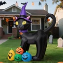 6FT Halloween Inflatable Black Cat with Witch Hat and 4 Colorful Pumpkins, Cute Blow Up Yard Decoration with LED Lights for Lawn, Garden, Balcony, Outdoor Holiday Party Events