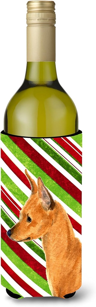 Caroline's Treasures SS4535LITERK Min Pin Candy Cane Holiday Christmas Wine Bottle Hugger Bottle Cooler Sleeve Hugger Machine Washable Collapsible Insulator Beverage Insulated Holder