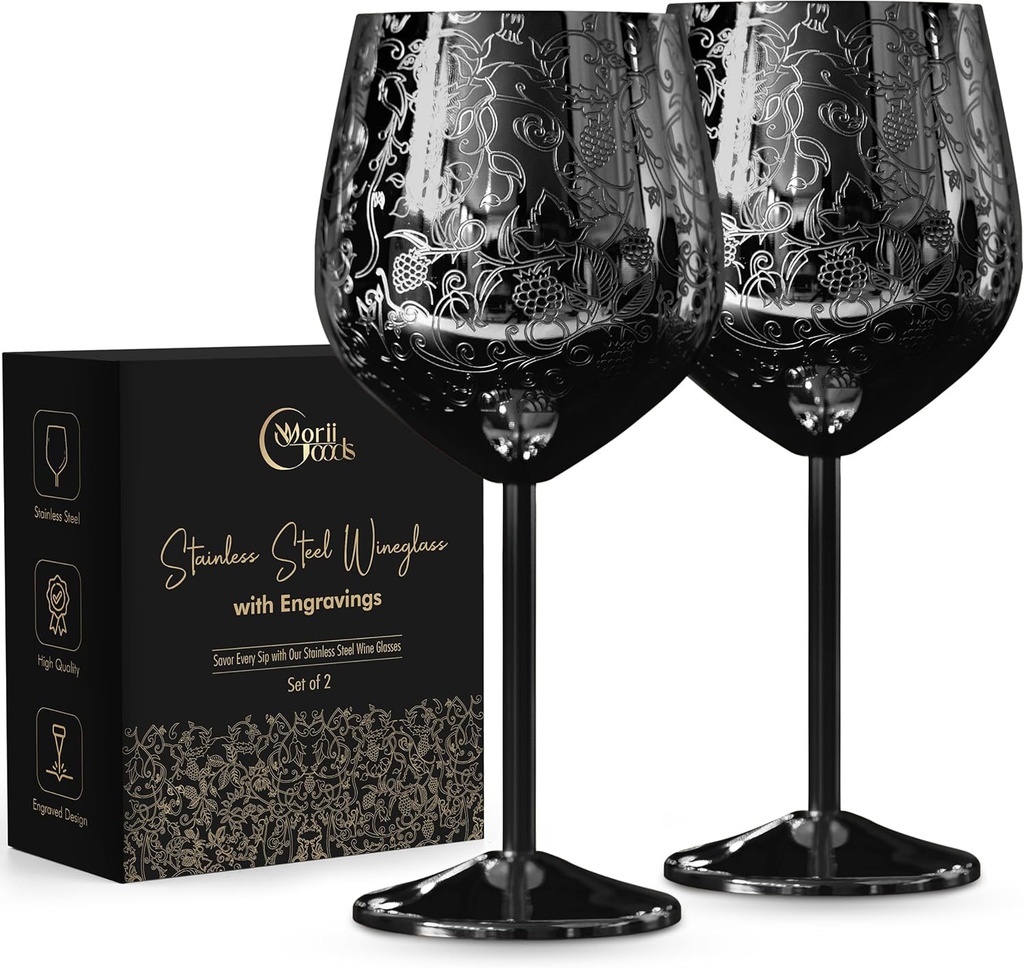 Stainless Steel Wine Glasses - Set of 2 Etched 16 oz Metal Goblets, Unbreakable Rose Gold Cups for Camping, Travel, Outdoor Events, Picnics, Luxury Wine Gifts for Women and Men